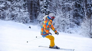 Un skieur en tenue d'hiver colorée glisse sur une pente recouverte de neige, entouré d'arbres enneigés.