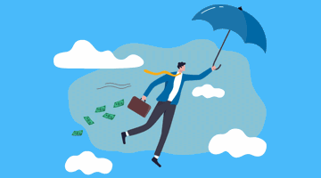 Un homme d'affaires tenant une mallette, volant sous un parapluie, entouré de nuages et de billets de banque qui tombent.