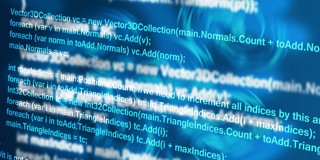 Blauwe achtergrond met lichte typografie van computercode over 3D-vectorverzamelingen en loops.