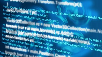 Blauwe achtergrond met lichte typografie van computercode over 3D-vectorverzamelingen en loops.