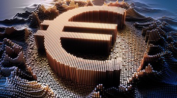 Cijfers van een euroteken gevormd door digitale blokken op een golvende, abstracte achtergrond.