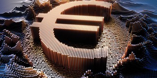 Vue 3D du symbole euro constitué de plusieurs lignes verticales sur un fond structuré.