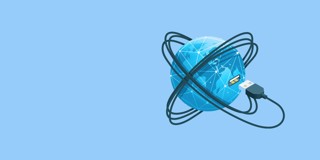 Een blauwe globe omgeven door netwerkkabels, aangesloten op een USB-stekker.