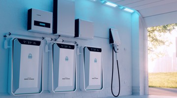 Solutions énergétiques modernes installées sur un mur, avec trois unités de stockage électrique et une station de recharge pour véhicules électriques, éclairées par des lampes LED bleues.