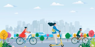 Trois personnes se détendent dans un parc urbain : une femme sur une trottinette électrique et deux personnes à vélo, entourées d'arbres colorés et avec une silhouette de ville en arrière-plan.