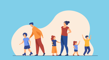 Une famille composée de deux adultes et quatre enfants, marchant joyeusement ensemble sur un fond bleu.