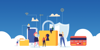 Illustration de la sécurité numérique avec un grand cadenas et une clé, entourés de personnes tenant des smartphones, des ordinateurs portables et des documents, avec des symboles représentant le cloud, le wifi et une carte de crédit.