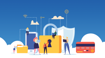 Illustration de la sécurité numérique avec un grand cadenas et une clé, entourés de personnes tenant des smartphones, des ordinateurs portables et des documents, avec des symboles représentant le cloud, le wifi et une carte de crédit.