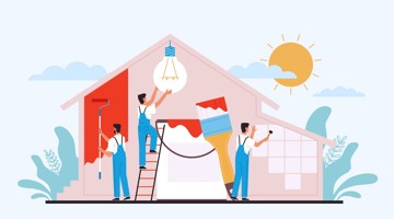Illustratie van mensen die een huis verven en renoveren met gereedschap in fel zonlicht.