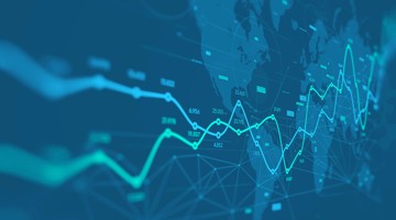 Graphique avec des lignes ascendantes et descendantes qui représentent des données économiques ou financières, avec en arrière-plan un design de carte du monde.